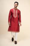 Shop_Arihant Rai Sinha_Red Silk Embroidery Placement Kurta Pant Set _Online_at_Aza_Fashions