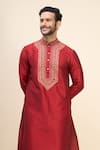 Arihant Rai Sinha_Red Silk Embroidery Placement Kurta Pant Set _at_Aza_Fashions