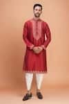 Buy_Arihant Rai Sinha_Red Silk Embroidery Thread Work Bodice Kurta Set _at_Aza_Fashions