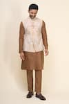 Shop_Arihant Rai Sinha_Beige Silk Embroidery Floral Bundi Kurta Set 