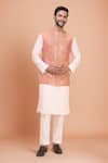 Buy_Arihant Rai Sinha_Peach Silk Embroidery, Mirrors Floral And Work Bundi Kurta Set _at_Aza_Fashions