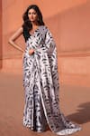 Buy_Naintara Bajaj_White Chinon, Silk V-neck Leaf Print Pre-draped Saree With Blouse _at_Aza_Fashions