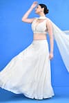 Shop_Sayisha_Off White Chinon, Chiffon Embroidery V-neck Plain Lehenga Set _Online_at_Aza_Fashions