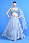Buy_Sayisha_Blue Chinon, Lace, Chiffon Lace, Embroidery V-neck Work Blouse Lehenga Set _at_Aza_Fashions