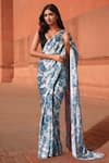 Buy_Naintara Bajaj_Sky Blue Chinon Pom-poms V-neck Floral Print Pre-draped Saree With Blouse _Online_at_Aza_Fashions