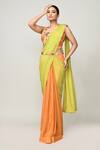 Buy_Sayisha_Green Chinon, Net Beads, Embroidery, Pre-draped Saree With Sleeveless Blouse _at_Aza_Fashions