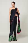 Buy_Sayisha_Black Chinon, Chiffon, Net Bandeau Neck Printed Pre-draped Saree With Blouse _at_Aza_Fashions