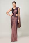 Buy_Sayisha_Brown Georgette, Silk, Net Embroidery Pre-draped Saree With Floral Woven Blouse _at_Aza_Fashions