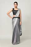 Buy_Sayisha_Gray Chinon, Chiffon, Net Embroidery Round Neck Draped Saree With Blouse _at_Aza_Fashions