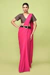 Buy_Sayisha_Fuchsia Chinon, Cotton V-neck Pre-draped Saree With Printed Blouse _at_Aza_Fashions