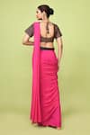 Shop_Sayisha_Fuchsia Chinon, Cotton V-neck Pre-draped Saree With Printed Blouse _at_Aza_Fashions