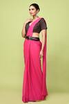 Shop_Sayisha_Fuchsia Chinon, Cotton V-neck Pre-draped Saree With Printed Blouse _Online_at_Aza_Fashions