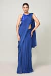 Buy_Sayisha_Blue Chinon, Chiffon, Net Embroidery Halter Neck Pre-draped Saree With Blouse _at_Aza_Fashions