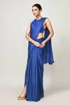 Sayisha_Blue Chinon, Chiffon, Net Embroidery Halter Neck Pre-draped Saree With Blouse _at_Aza_Fashions