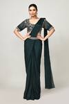 Buy_Sayisha_Green Chinon, Chiffon, Silk Embroidery, Zari, Pre-draped Saree With Blouse _at_Aza_Fashions