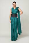 Buy_Sayisha_Green Chinon, Chiffon V-neck Pre-draped Saree With Sleeveless Blouse _at_Aza_Fashions