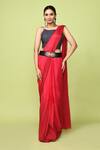 Buy_Sayisha_Red Chinon, Chiffon, Cotton Scoop Neck Pre-draped Saree With Printed Blouse _at_Aza_Fashions