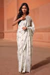 Buy_Naintara Bajaj_Off White Chinon, Brocade V-neck Floral Print Pre-draped Saree With Blouse _at_Aza_Fashions