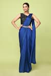Buy_Sayisha_Blue Chinon, Chiffon, Silk Zari One Shoulder Pre-draped Saree With Blouse _at_Aza_Fashions