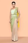 Buy_Sayisha_Green Chinon, Chiffon, Net Embroidery, Colorblock Pre-draped Saree With Blouse _at_Aza_Fashions