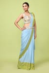 Sayisha_Sky Blue Chinon, Chiffon, Colorblock Pre-draped Saree With Embellished Blouse _at_Aza_Fashions