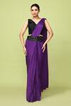 Buy_Sayisha_Purple Chinon, Chiffon, Silk V-neck Pre-draped Saree With Sleeveless Blouse _at_Aza_Fashions