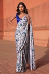 Buy_Naintara Bajaj_White Chinon Fringe V-neck Floral Print Pre-draped Saree With Blouse _at_Aza_Fashions