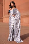 Shop_Naintara Bajaj_White Chinon V-neck Floral Print Pre-draped Saree With Blouse _Online_at_Aza_Fashions