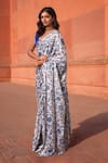 Naintara Bajaj_White Chinon Fringe V-neck Floral Print Pre-draped Saree With Blouse _Online_at_Aza_Fashions