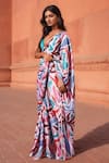 Buy_Naintara Bajaj_White Chinon V-neck Leaf Print Pre-draped Saree With Blouse _Online_at_Aza_Fashions