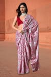 Buy_Naintara Bajaj_White Chinon, Brocade V-neck Geometric Print Pre-draped Saree With Blouse _at_Aza_Fashions