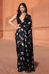 Buy_Naintara Bajaj_Black Chinon Geometric Print Pre-draped Saree With Blouse _at_Aza_Fashions