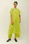 OFRIDA_Lime Cotton Embroidery Mandarin Collar Tropica Butterfly Kurta _Online_at_Aza_Fashions