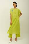 Buy_OFRIDA_Lime Cotton Embroidery Mandarin Collar Tropica Butterfly Kurta _at_Aza_Fashions