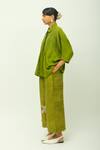 OFRIDA_Olive Green Jacquard Collared Dusk Leaf Pleated Shirt _Online_at_Aza_Fashions