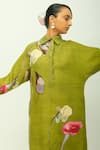 OFRIDA_Olive Green Doriya Collared Dusk Leaf Dobby Floral Print Shirt Dress _Online_at_Aza_Fashions