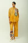 Buy_OFRIDA_Mustard Sol Dotted Dobby Paint Print Pant _at_Aza_Fashions