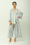 Buy_OFRIDA_Blue Poplin Collared Bloomist Striped Top And Pant Set _at_Aza_Fashions