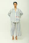 OFRIDA_Blue Poplin Collared Bloomist Striped Top And Pant Set _Online_at_Aza_Fashions