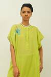 Shop_OFRIDA_Lime Embroidery Mandarin Collar Tropica Butterfly Kaftan Kurta And Pant Set _Online_at_Aza_Fashions