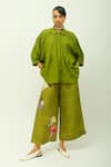 Buy_OFRIDA_Green Jacquard, Doriya Collared Dusk Leaf Pleated Top And Floral Pant Set _at_Aza_Fashions