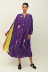 OFRIDA_Purple Embroidery Split V-neck Thistle Floral Sushi Checks Kurta And Pant _Online_at_Aza_Fashions