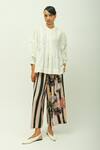 Buy_OFRIDA_White Viscose Mandarin Collar Boheme Slub Top And Striped Floral Pant Set _Online_at_Aza_Fashions