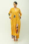 Buy_OFRIDA_Yellow V-neck Sol Dotted Dobby Abstract Print Kurta And Pant Set _at_Aza_Fashions