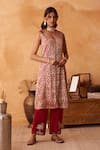 Buy_Neitri_Maroon Silk, Georgette, Brocade Embroidery V-neck Ketaki Kurta And Pant Set _at_Aza_Fashions
