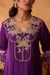 Shop_Neitri_Purple Silk, Georgette Embroidery Split V-neck Charbagh Kurta And Pant Set _Online_at_Aza_Fashions