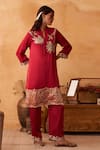 Shop_Neitri_Maroon Silk Embroidery Split V-neck Padmika Georgette Kurta And Pant Set _at_Aza_Fashions