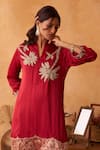 Neitri_Maroon Silk Embroidery Split V-neck Padmika Georgette Kurta And Pant Set _Online_at_Aza_Fashions