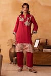 Buy_Neitri_Maroon Silk Embroidery Split V-neck Padmika Georgette Kurta And Pant Set _at_Aza_Fashions