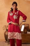 Shop_Neitri_Maroon Silk Embroidery Split V-neck Padmika Georgette Kurta And Pant Set _Online_at_Aza_Fashions